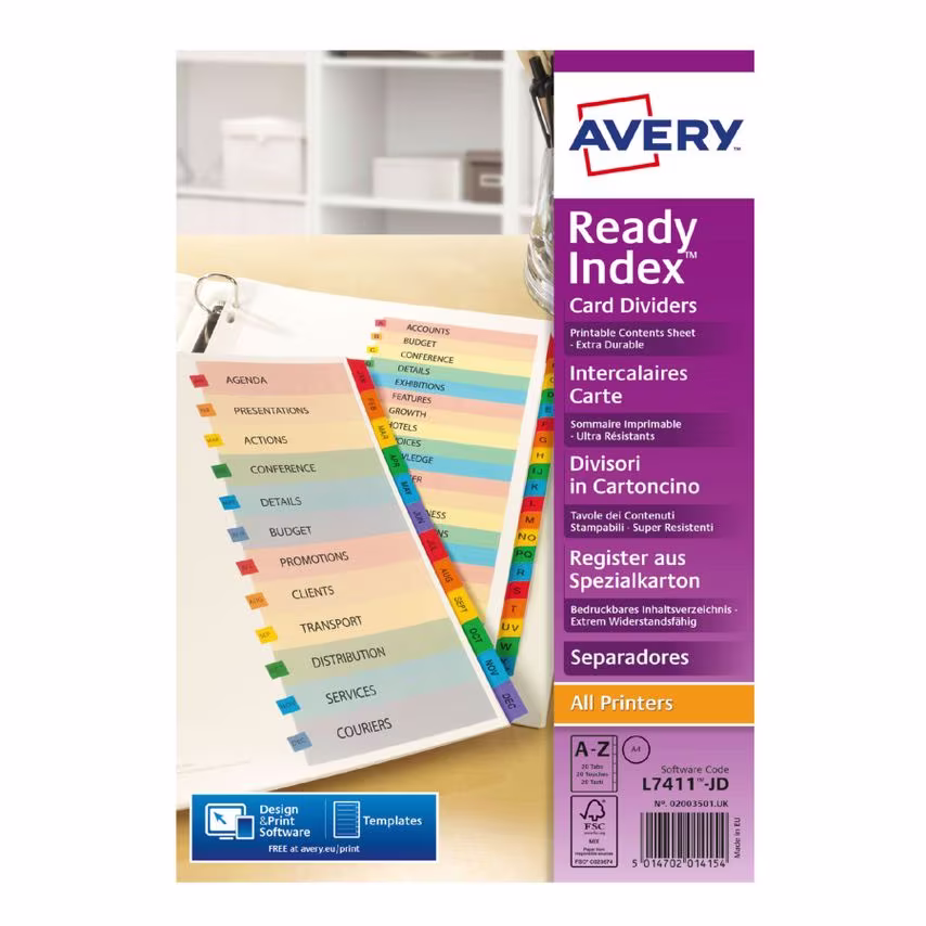 Avery Avery Readyindex Divider A-Z A4 Punched 190gsm Card White with Coloured My