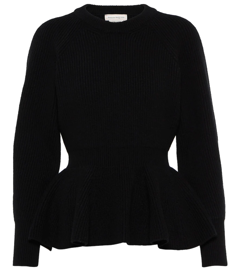 Ribbed-knit peplum wool sweater