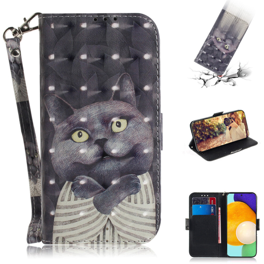 Phone Case For Samsung Galaxy A52 4g/5g Wallet Flip Cover 3D Pattern Shockproof Cover Grey cat