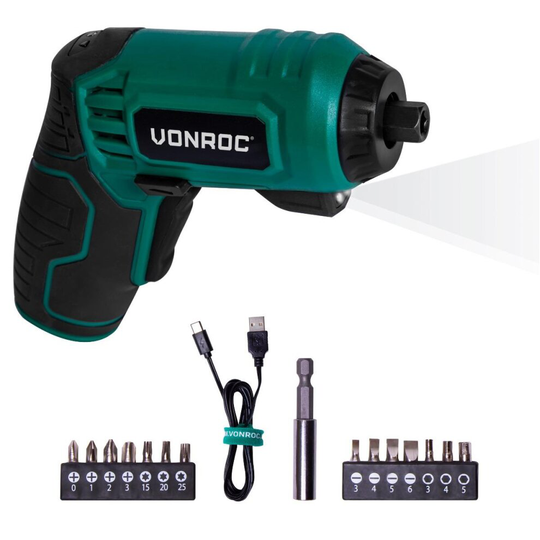 VONROC Cordless screwdriver - 4V - Including a 14 pcs. bit set, USB-C charging cable and a toolbag