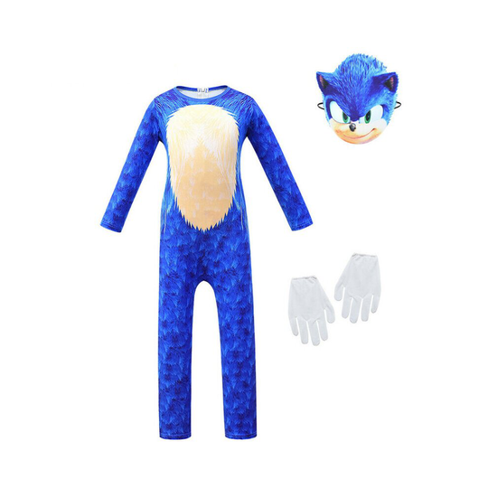 (Blue, 5-6 Years) Sonic The Hedgehog Cosplay Costume Kids Boy Jumpsuit Mask Gloves Fancy Dress Set