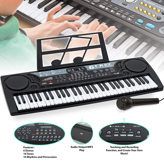 Electronic Keyboard Digital Piano inc Microphone 61 Key Teaching Record Modes