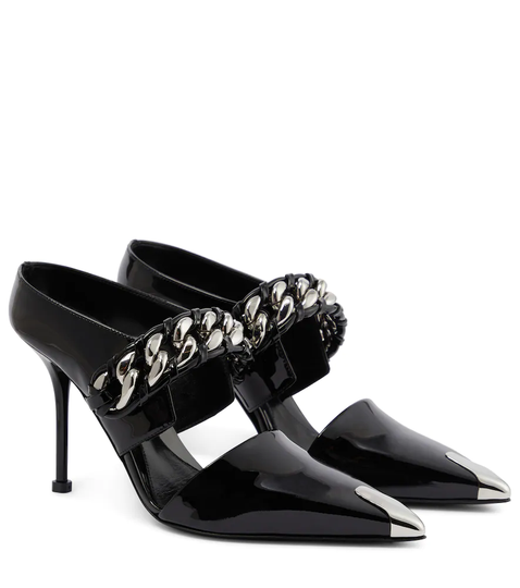 Punk chain-detail patent leather mules