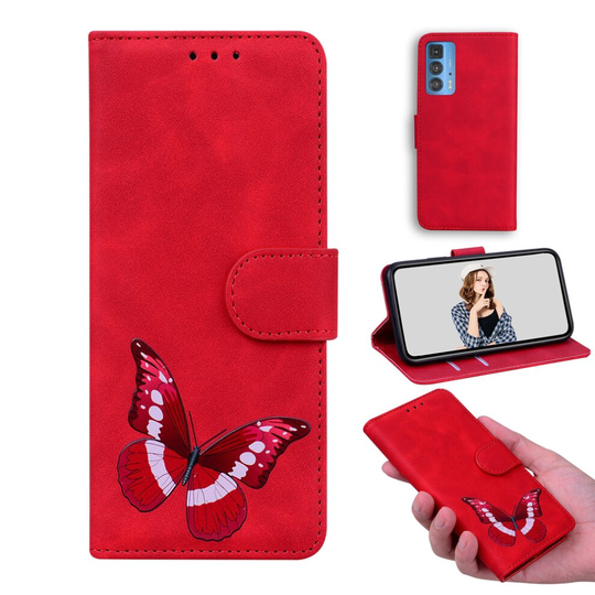 Case for Motorola Moto Edge 20 Pro Butterfly Cover Premium Leather Magnetic- Red