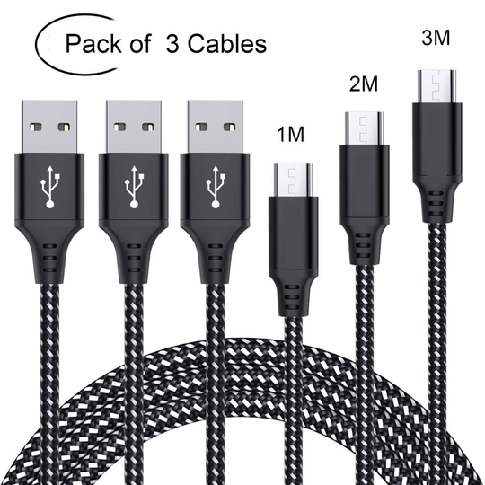Micro USB Cable,3-Pack 1M 2M 3M Nylon Braided Micro USB Fast Charging Cable For Android Samsung Galaxy S5/S6/S7, Nokia, Sony, Huawei & other devices