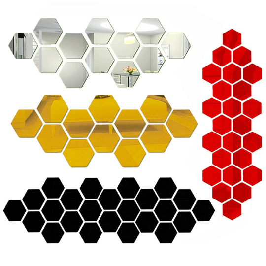 (Gold, 46mm*40mm ) 12Pcs Hexagon Wall Stickers 3D PMMA Mirror Decals Removable Home Art DIY Decor