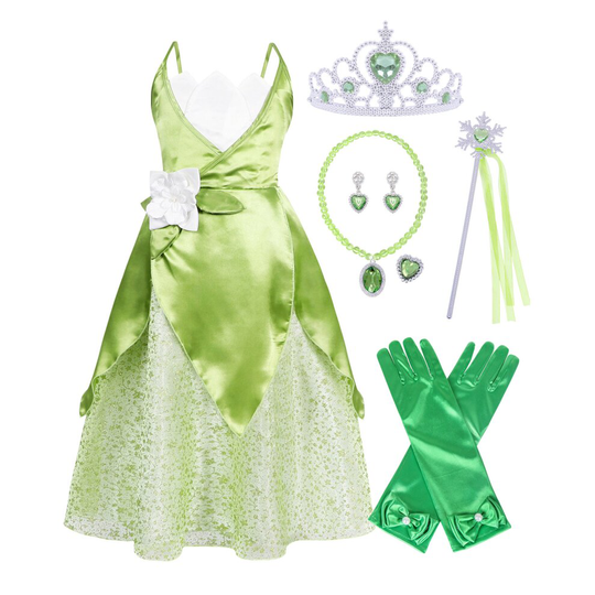 (Crown&Jewelry&Magic wand&Gloves, 11-12 Years) Jurebecia Princess Tiana Costume for Girls Princess Halloween Christmas Dress up Tiana Dress Princess
