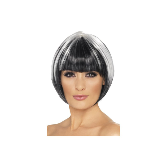 Black Smiffy's Quirky Bob Wig With White Streaks - bob wig quirky black fancy dress white ladies new short halloween streaks adult womens smiffys